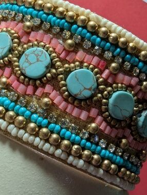 Bead & Crystal Embroidered Cuff bracelet Southwestern Art Nouveau style.